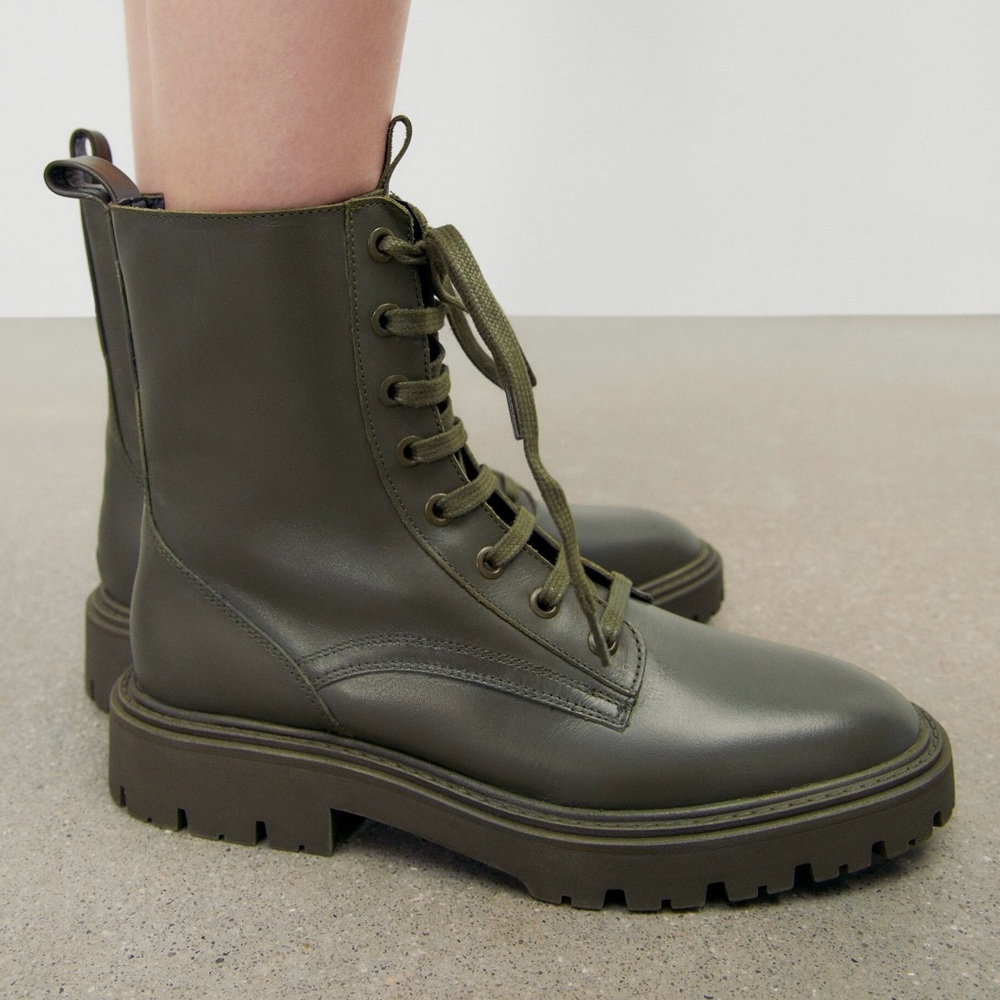 Zara green LEATHER LACE-UP FLAT
ANKLE BOOTS - Picture 2 of 12
